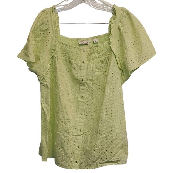 Caffe Marrakech Square Neck Eyelet Lime Green Smocked Blouse Size XL - Picture 1 of 8